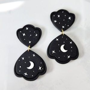 Black White Moon Stars Celestial Statement Polymer clay earrings handmade 2"